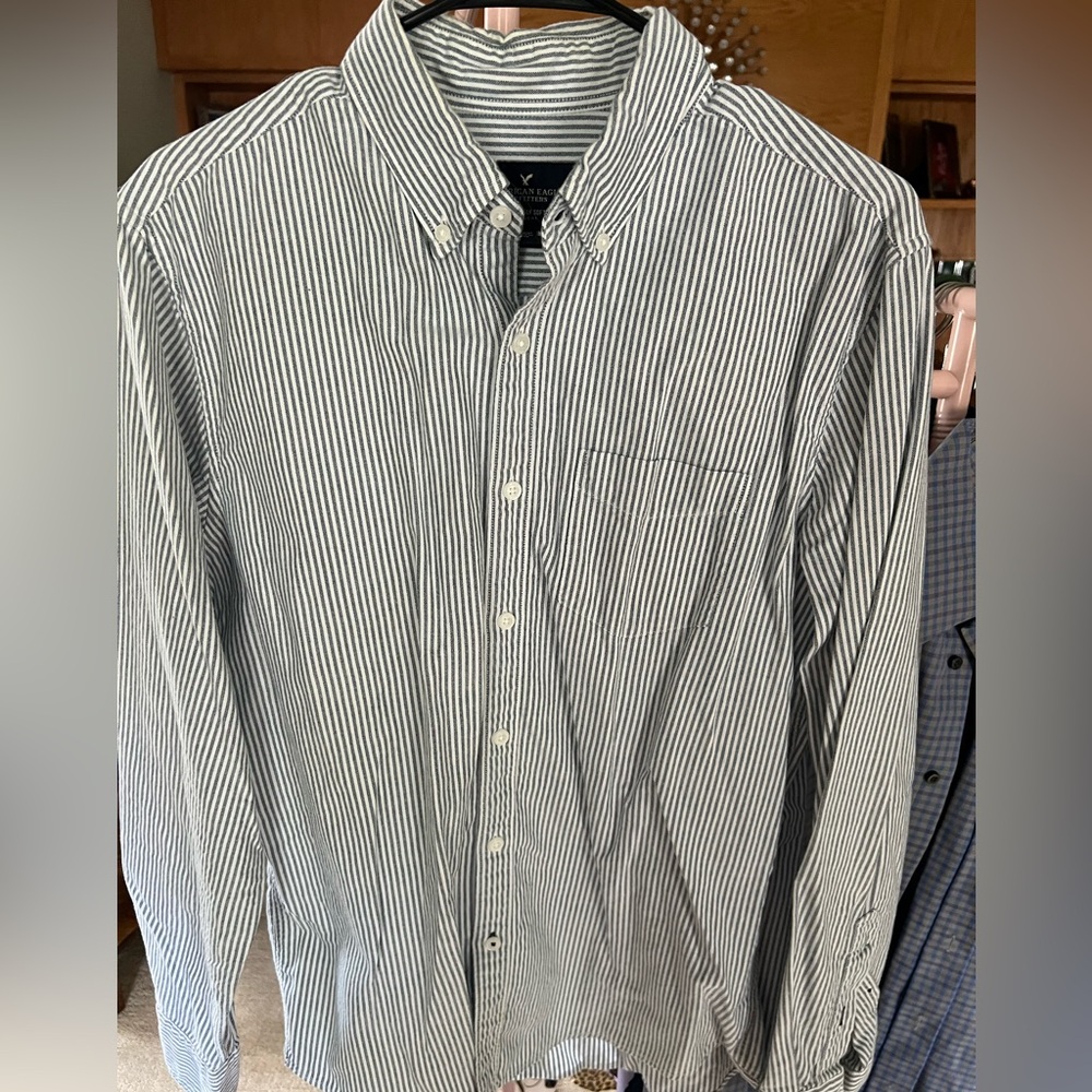 American Eagle Outfitters Blue and White Casual Button Down Shirt